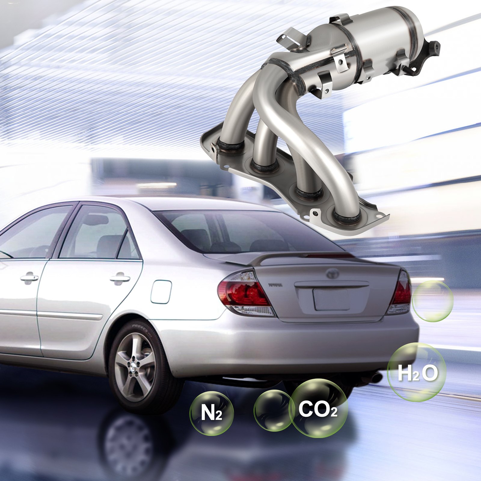 Convertidor catalítico VEVOR toyota camry con gráficos de desglose de gases de escape.