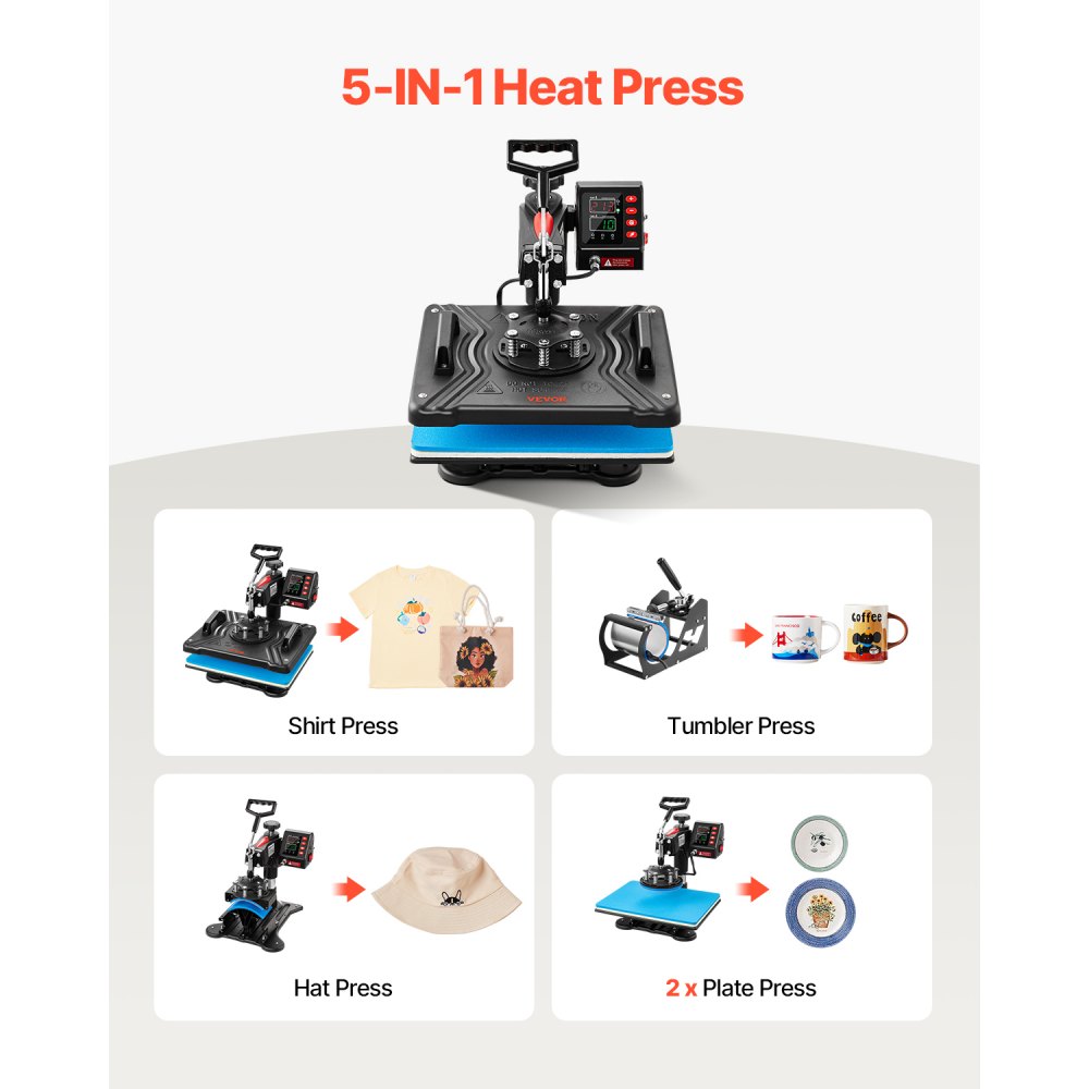 Prensa térmica VEVOR, 5 en 1, 12 x 15 pulgadas, control digital preciso de temperatura, impresora de transferencia por sublimación tipo concha de calentamiento rápido, prensa térmica de vinilo para tazas, camisetas, platos, 900 W