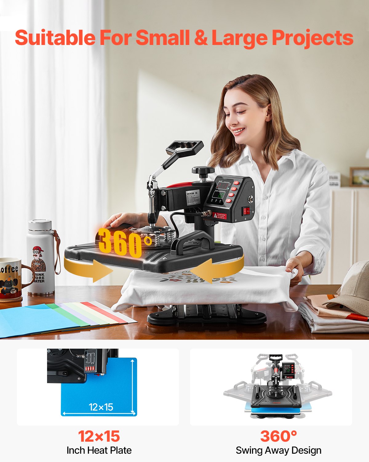 Prensa térmica VEVOR, 5 en 1, 12 x 15 pulgadas, control digital preciso de temperatura, impresora de transferencia por sublimación tipo concha de calentamiento rápido, prensa térmica de vinilo para tazas, camisetas, platos, 900 W