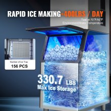 VEVOR Máquina para hacer hielo comercial, 400 libras/24 horas, con contenedor de almacenamiento grande de 330,7 libras, máquina para hacer hielo con autolimpieza automática de 800 W con pantalla LED de 3,5 pulgadas para negocios, bares, cafeterías y restaurantes