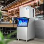 Máquina para fabricar hielo comercial VEVOR en un elegante entorno de bar con depósito de hielo abierto, que muestra la producción de hielo.