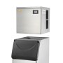 Máquina de hielo comercial VEVOR con cuerpo de acero inoxidable, pantalla digital y depósito de almacenamiento de hielo negro.