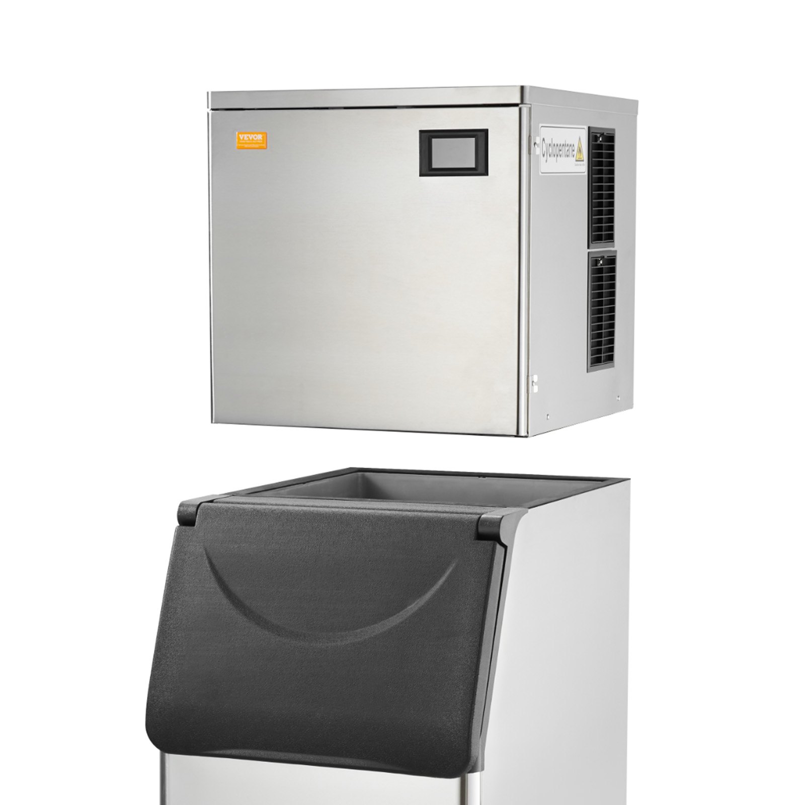 Máquina de hielo comercial VEVOR con cuerpo de acero inoxidable, pantalla digital y depósito de almacenamiento de hielo negro.