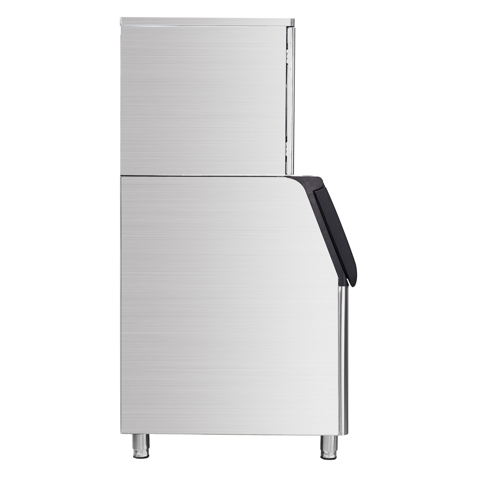 Máquina de hielo comercial VEVOR con patas de metal con un elegante acabado plateado y mango negro.