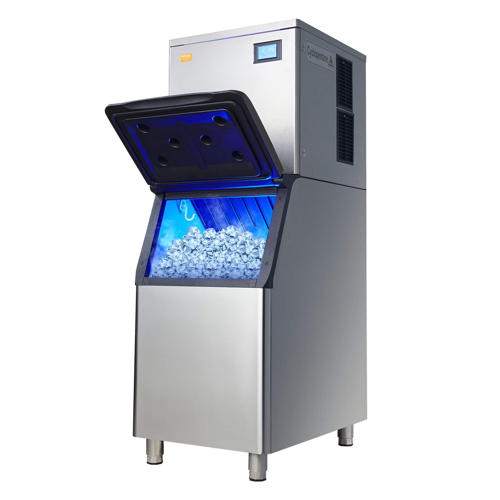 Máquina de hielo comercial VEVOR con puerta abierta que revela un depósito de almacenamiento de hielo e iluminación LED azul.