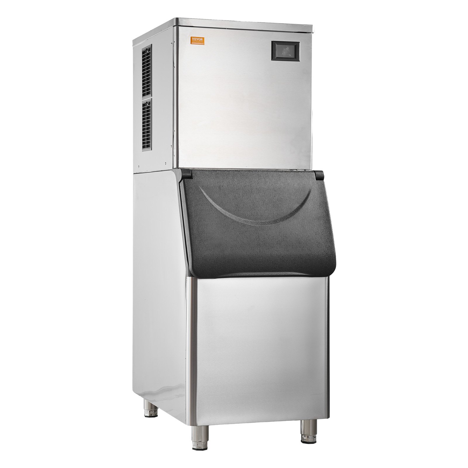 Máquina para fabricar hielo comercial VEVOR con cuerpo de acero inoxidable y solapa para depósito de hielo de color negro.