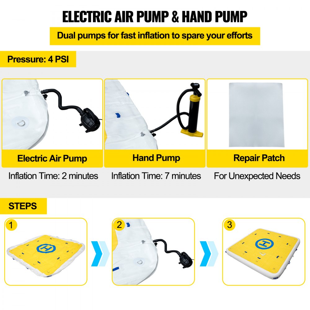 VEVOR Plataforma Hinchable 2,5 x 2 m Plataforma Inflable Flotante 8 x 6 Pies Plataforma Flotante Hinchable para 3-4 Personas Plataforma de Natación Inflable con Bombas Eléctrica y Manual Barco Yate