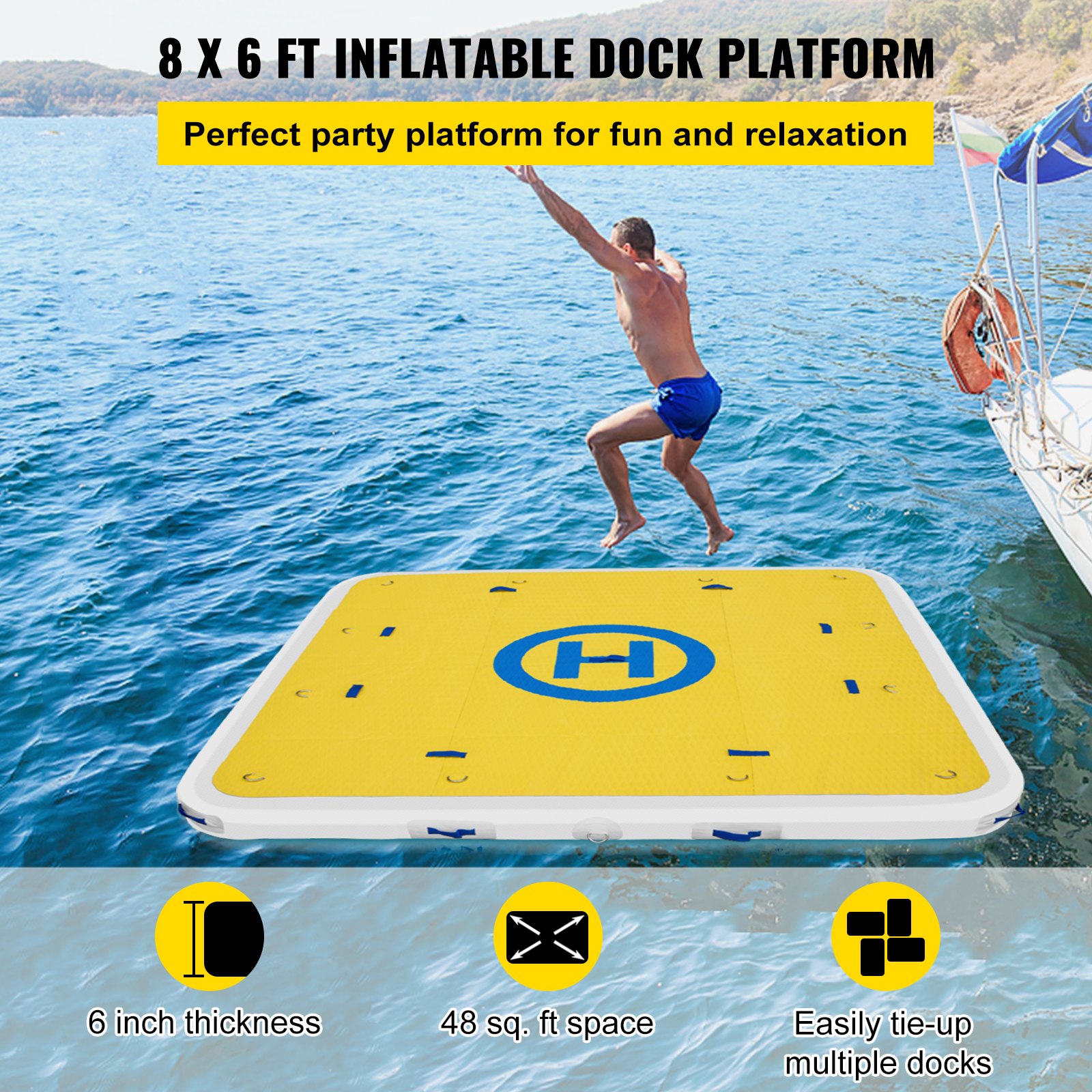 VEVOR Tuspuzz Plataforma Hinchable 2,5 x 2 m Plataforma Inflable Flotante 8 x 6 Pies Plataforma Flotante Hinchable para 3-4 Personas Plataforma de Natación Inflable con Bombas Eléctrica y Manual Barco Yate