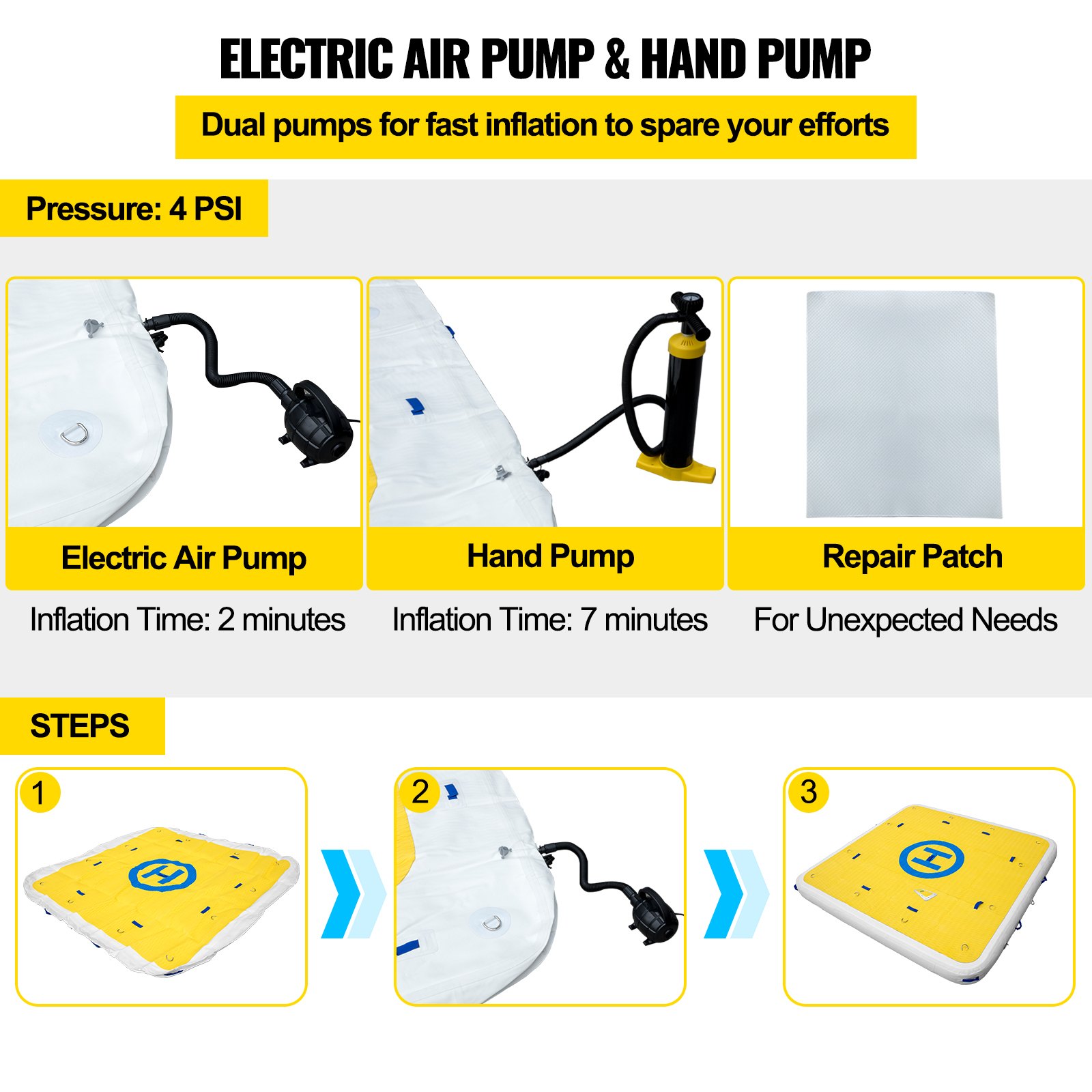 VEVOR Tuspuzz Plataforma Hinchable 2,5 x 2 m Plataforma Inflable Flotante 8 x 6 Pies Plataforma Flotante Hinchable para 3-4 Personas Plataforma de Natación Inflable con Bombas Eléctrica y Manual Barco Yate