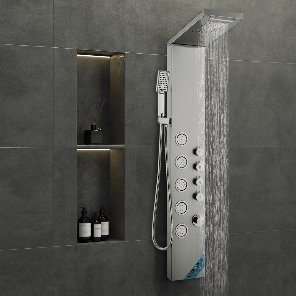 Sistema de panel de ducha VEVOR con luces LED, múltiples chorros y caño de cascada en un baño moderno.