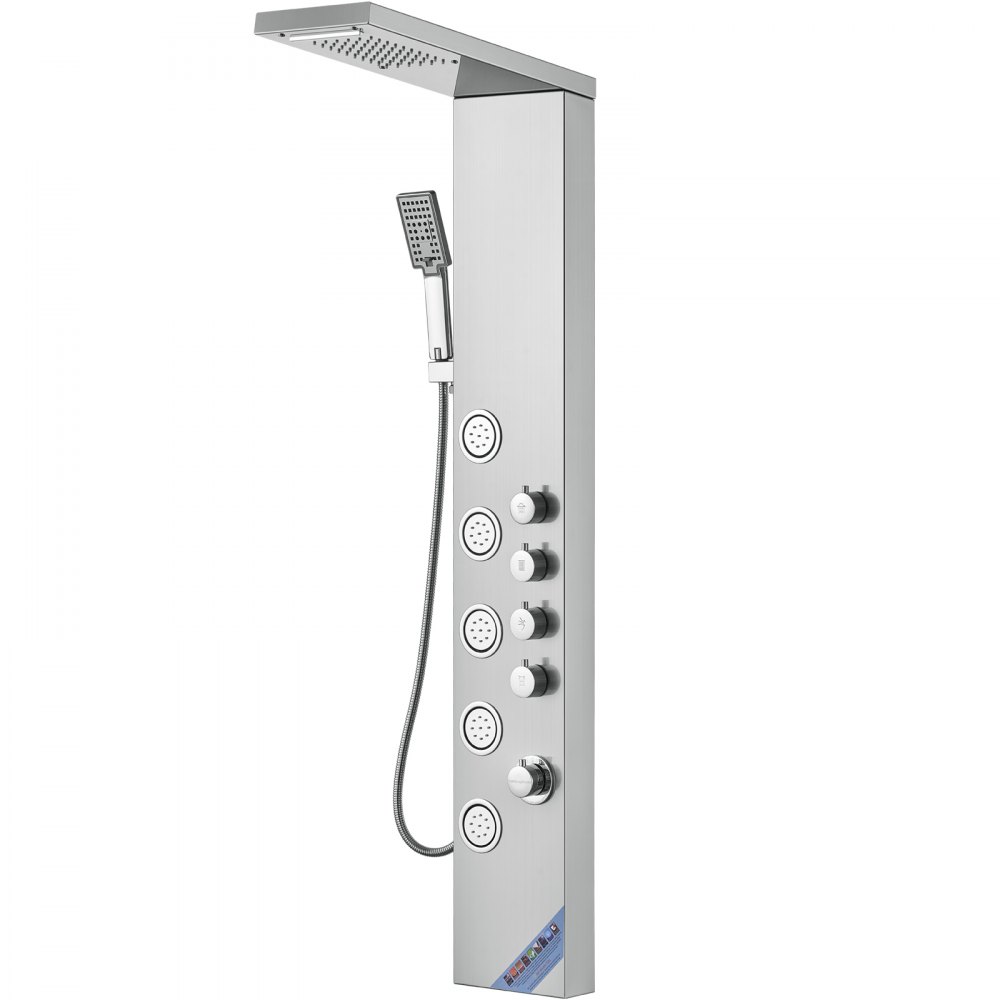 Sistema de panel de ducha VEVOR con cabezal de lluvia, ducha de mano y chorros corporales en acero inoxidable.