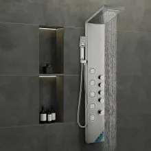 VEVOR Sistema de panel de ducha, 4 modos de ducha, torre de panel de ducha, lluvia, cascada, 5 chorros de masaje de cuerpo completo y cabezal de ducha de mano de 3 ajustes con manguera de 59 pulgadas, juego de ducha de pared de acero inoxidable