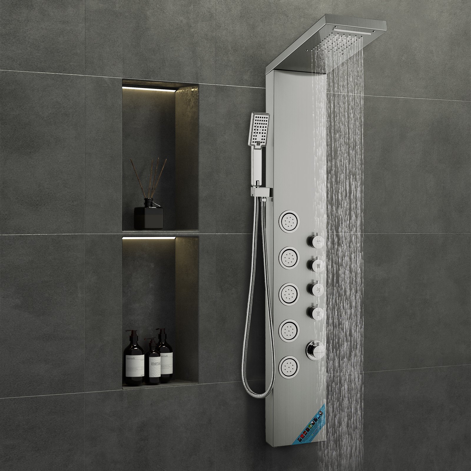 Sistema de panel de ducha VEVOR con luces LED, múltiples chorros y caño de cascada en un baño moderno.