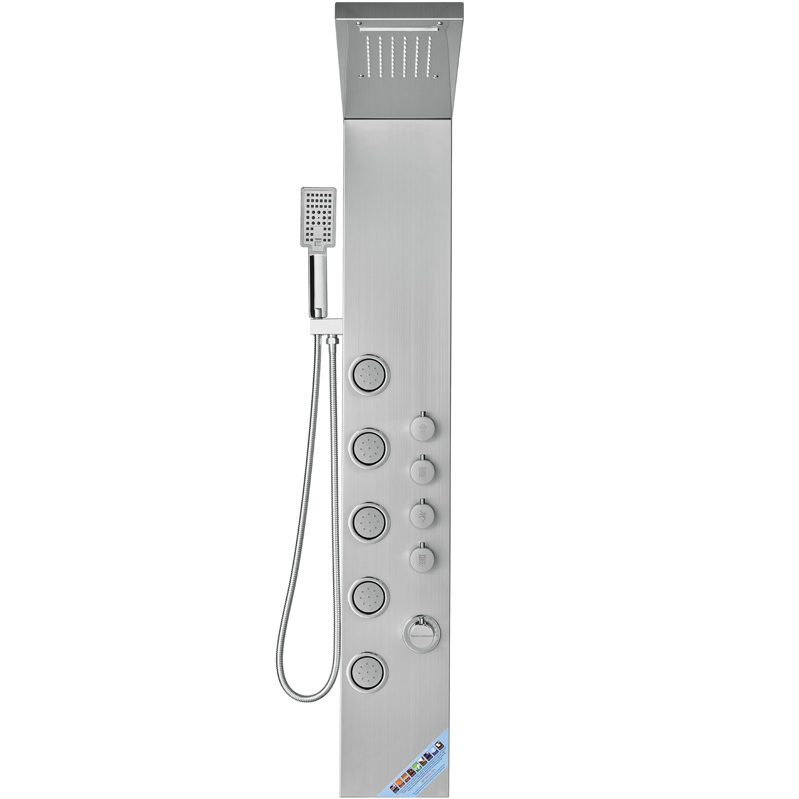 Sistema de panel de ducha VEVOR de acero inoxidable con múltiples chorros, cabezal de ducha de mano y rociador superior.