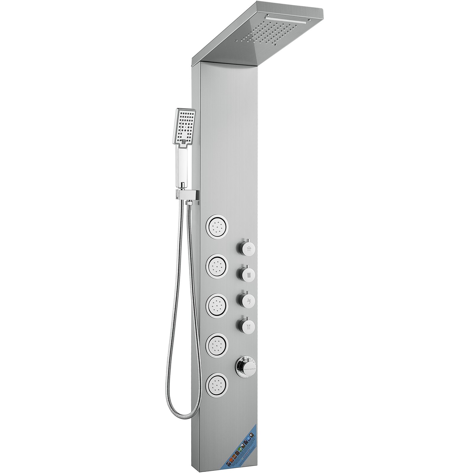 Sistema de panel de ducha VEVOR en acero inoxidable, con múltiples diales, chorros y un cabezal de ducha de mano.