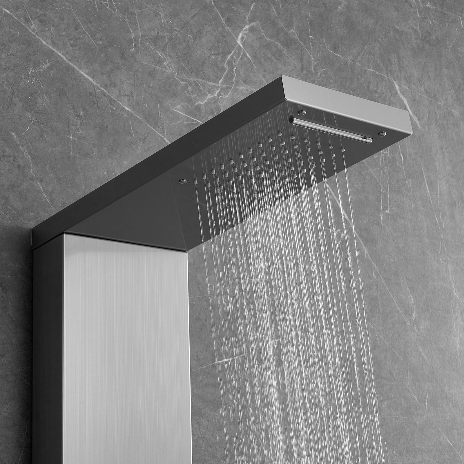 Moderno sistema de panel de ducha VEVOR con acabado en acero inoxidable y cabezal de ducha en cascada contra pared de mármol.