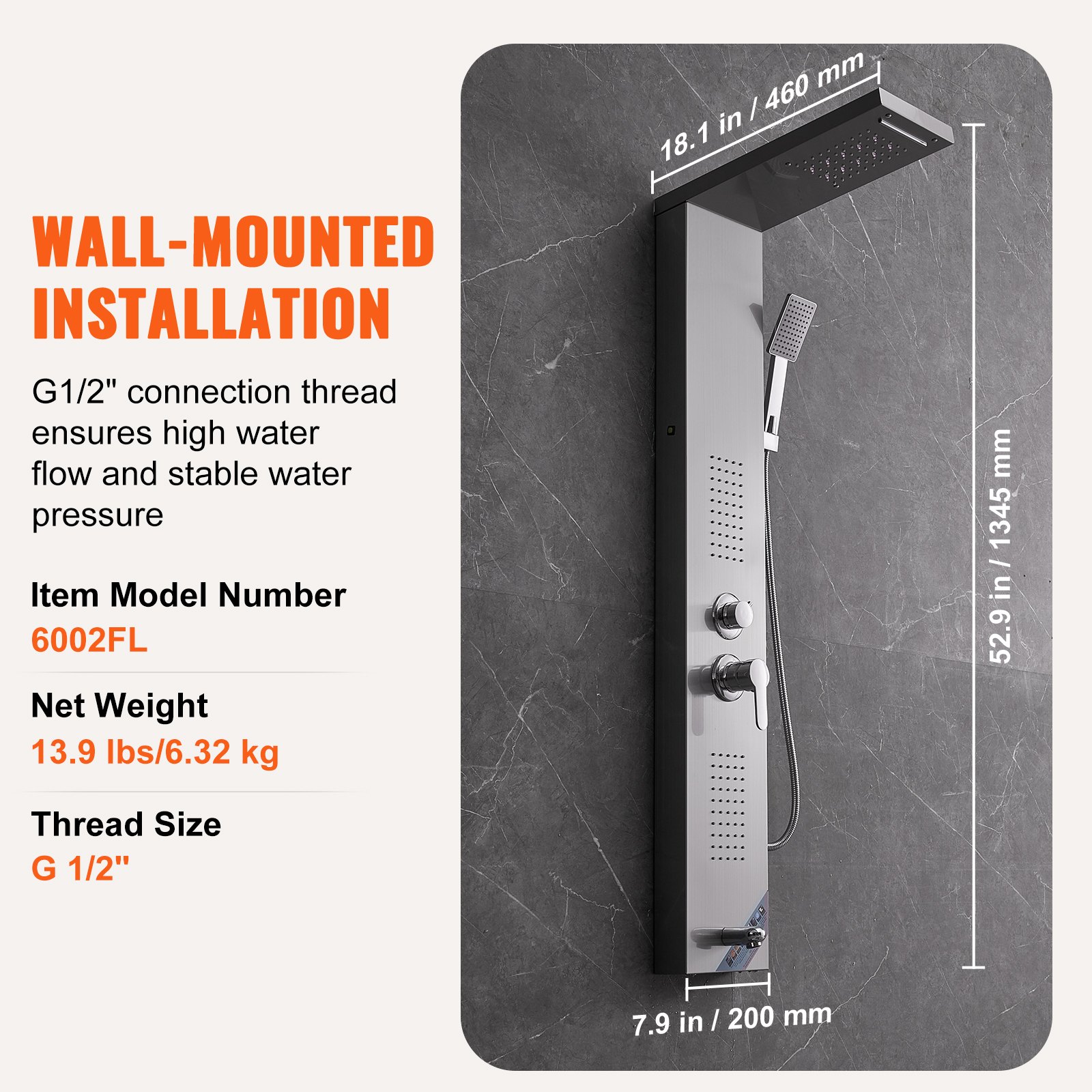 Sistema de panel de ducha VEVOR de montaje en pared con dimensiones, modelo 6002fl, conexión g1/2&quot; y varilla de mano.