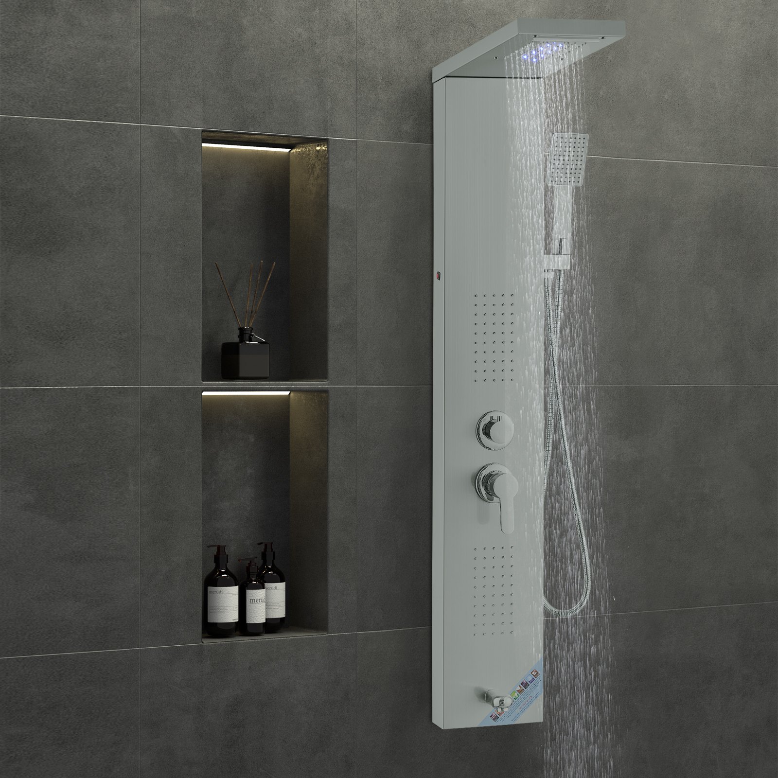 Sistema de panel de ducha VEVOR con ducha de lluvia LED, ducha de mano y estantes de nicho sobre azulejos gris oscuro.