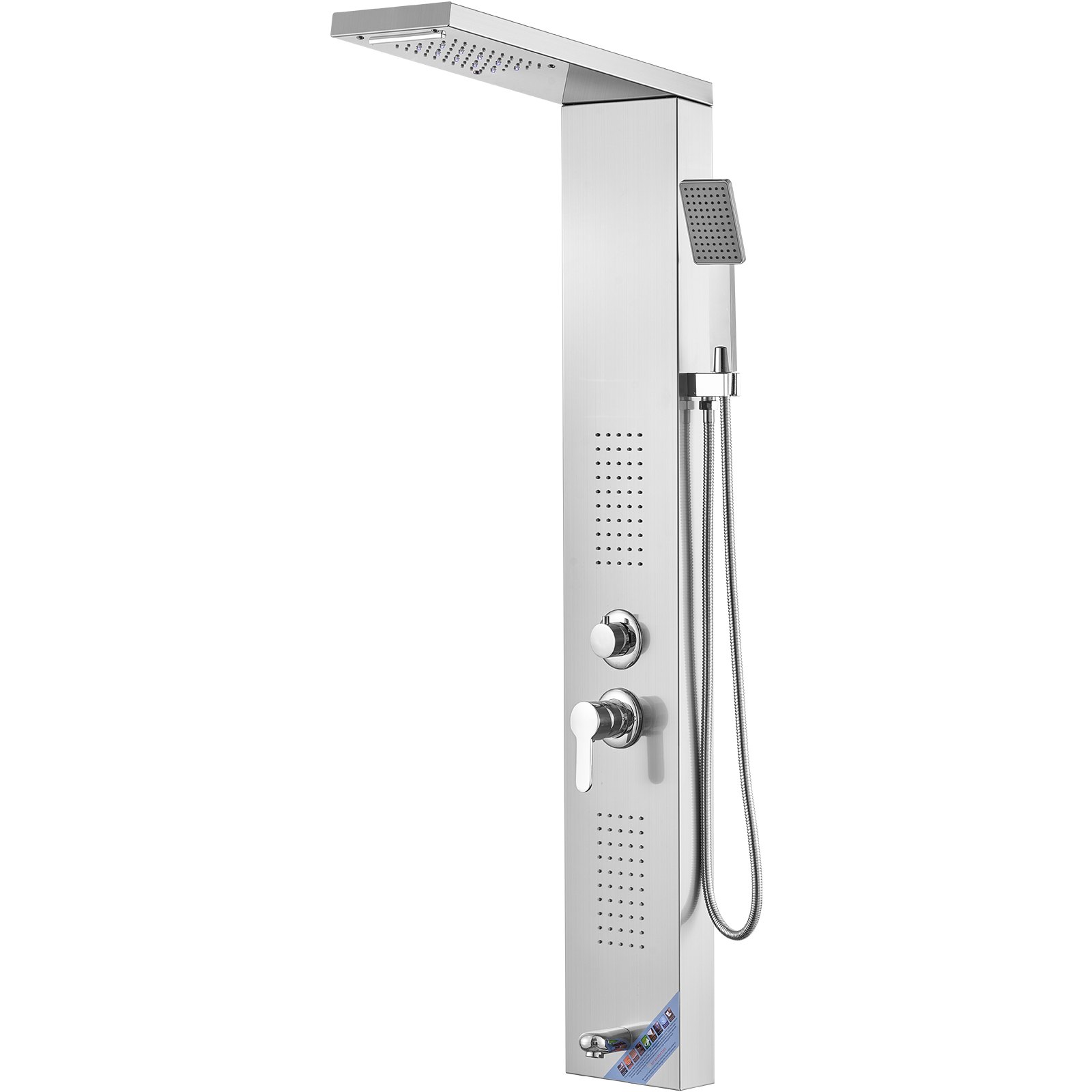 Sistema de panel de ducha VEVOR con cabezal de ducha tipo lluvia, rociador de mano y perillas de control en acero inoxidable.
