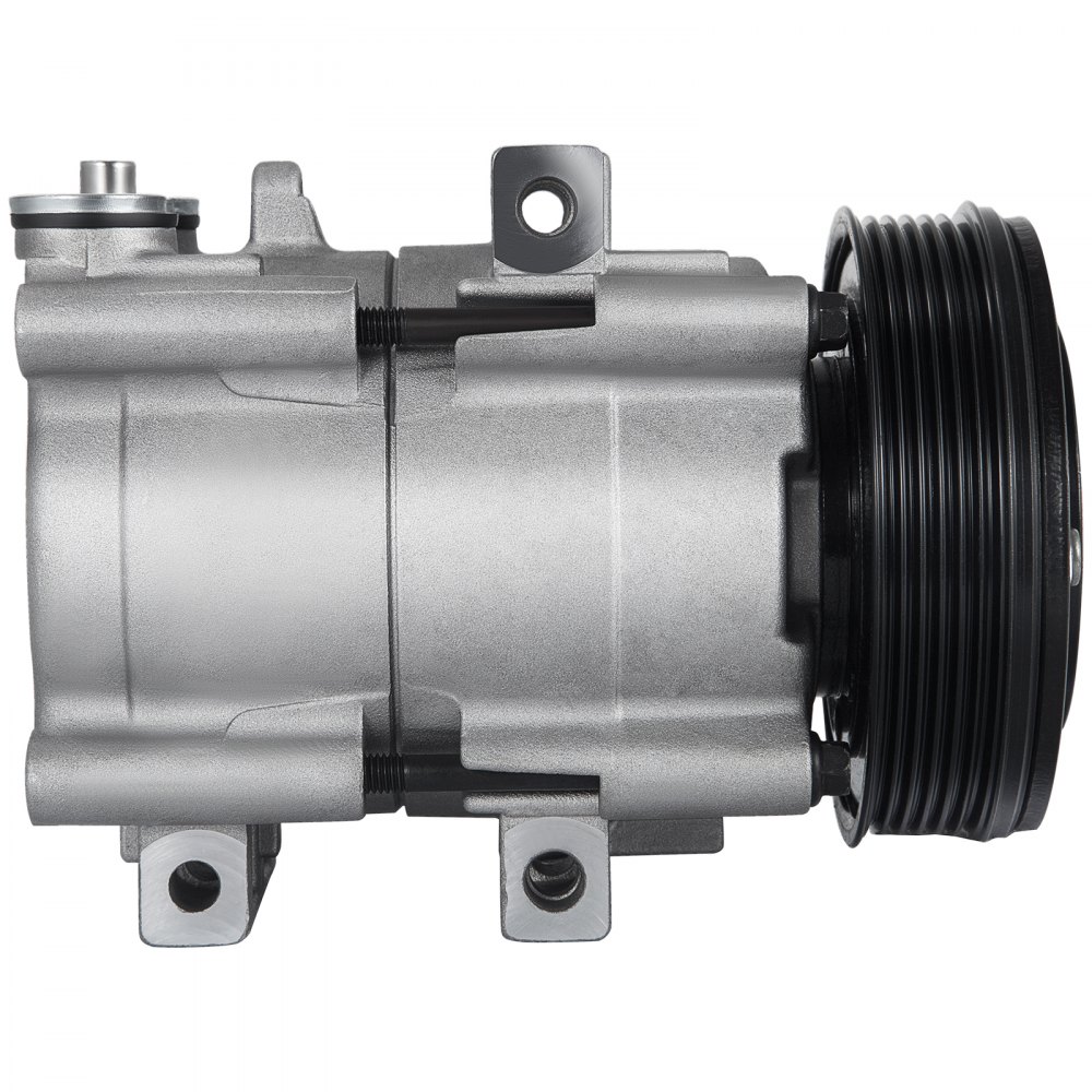 Compresor de aire acondicionado VEVOR para Ford F-150 con polea negra y carcasa plateada.