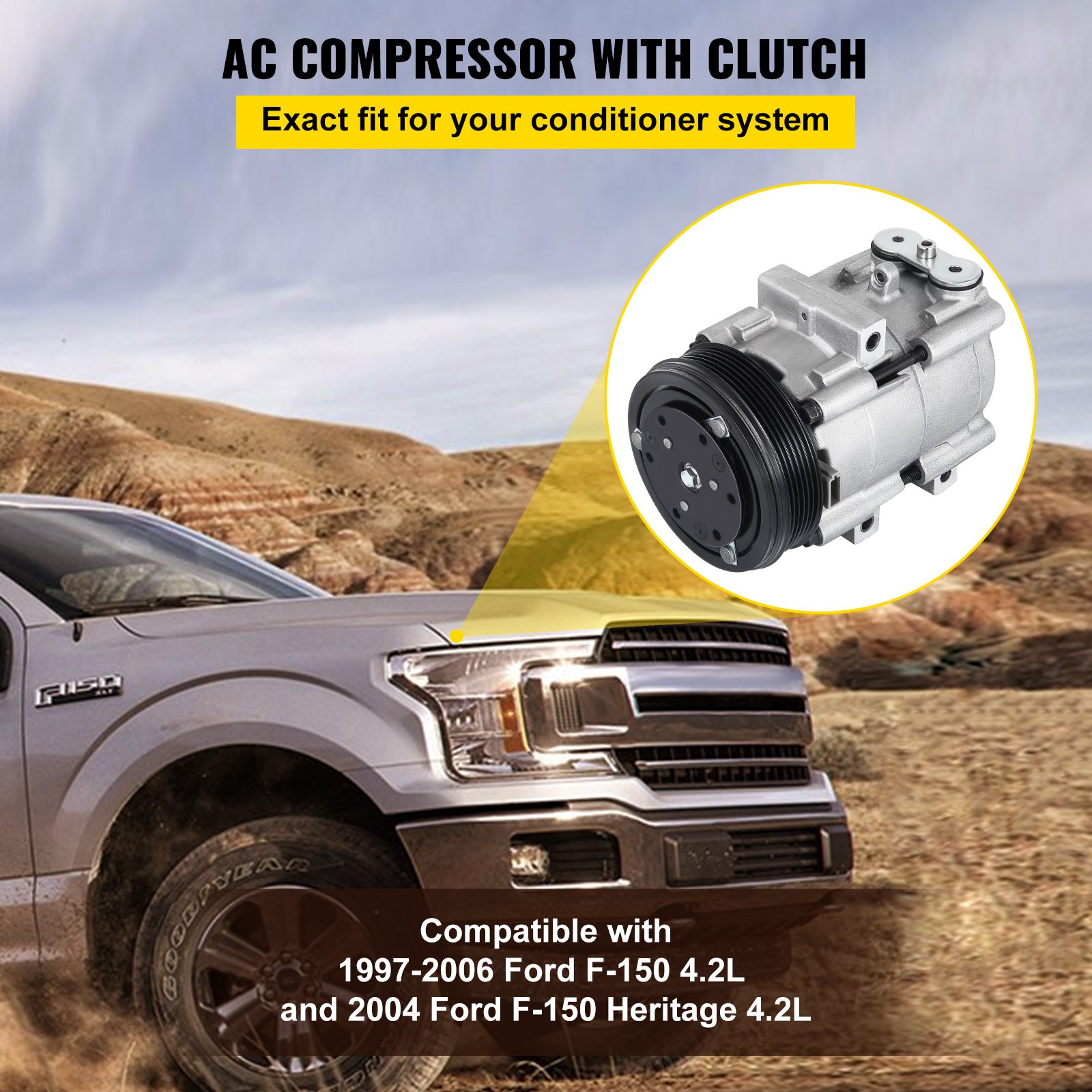 Compresor de aire acondicionado VEVOR para Ford F-150 con embrague, compatible con modelos 1997-2006.