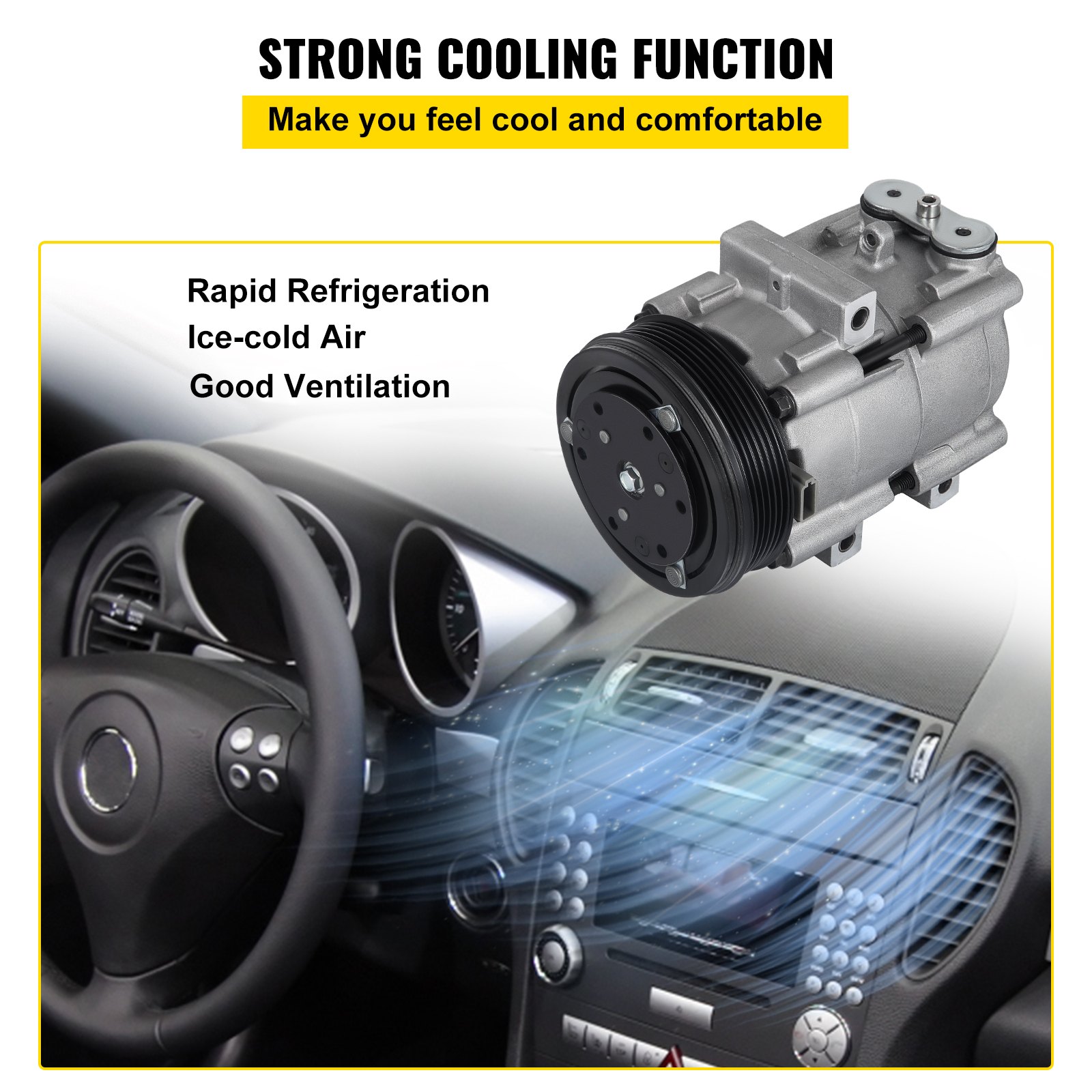 Compresor de aire acondicionado VEVOR para Ford F-150, que muestra una potente función de enfriamiento en el interior de un automóvil.