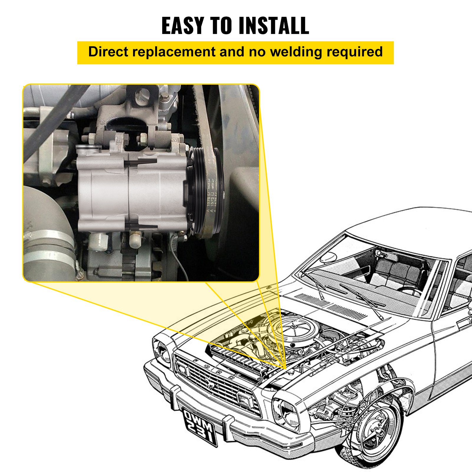 Compresor de aire acondicionado VEVOR para Ford F-150 que se muestra en el diagrama del compartimiento del motor con detalles de instalación.