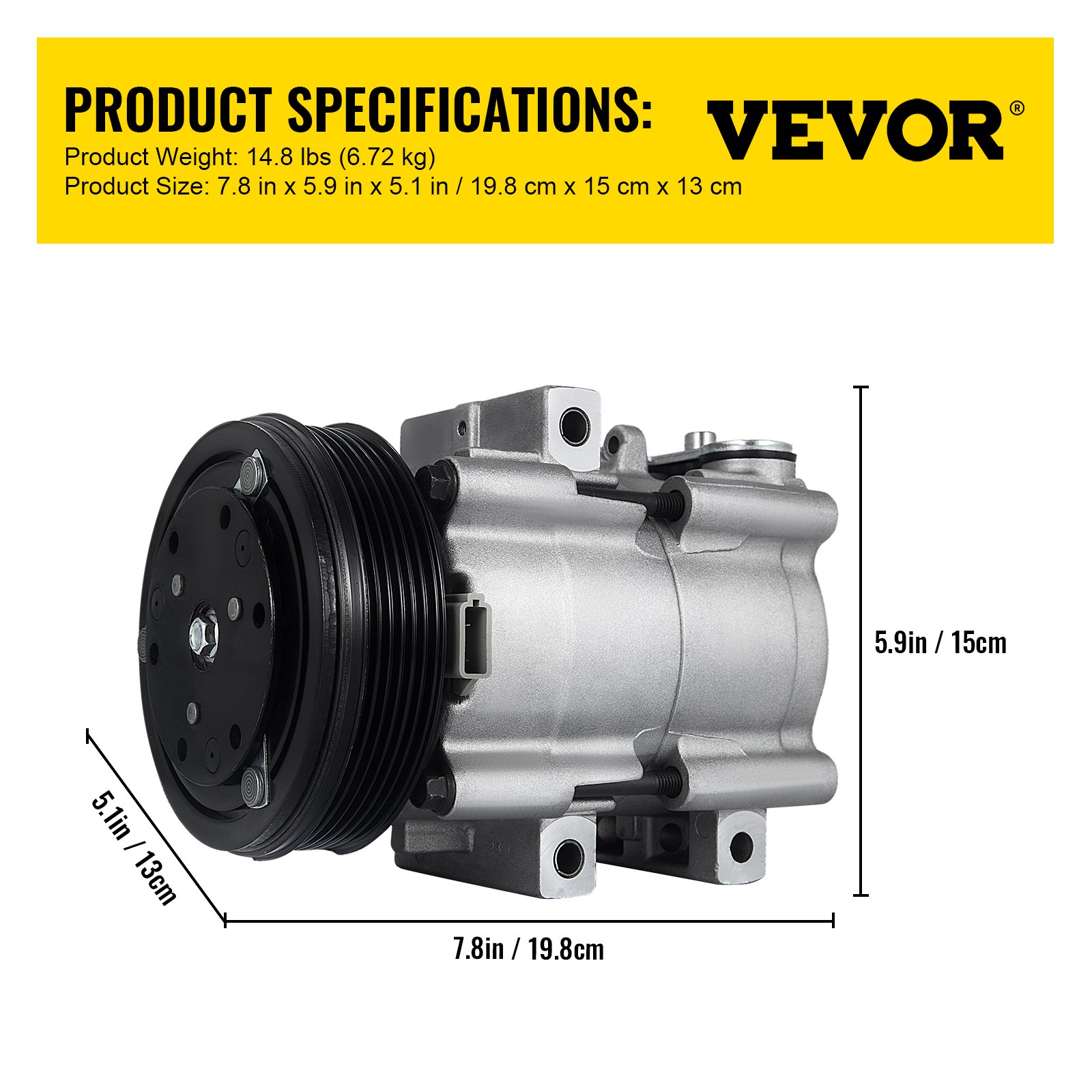 Compresor de aire acondicionado VEVOR para Ford F-150 con dimensiones y peso del producto mostrados