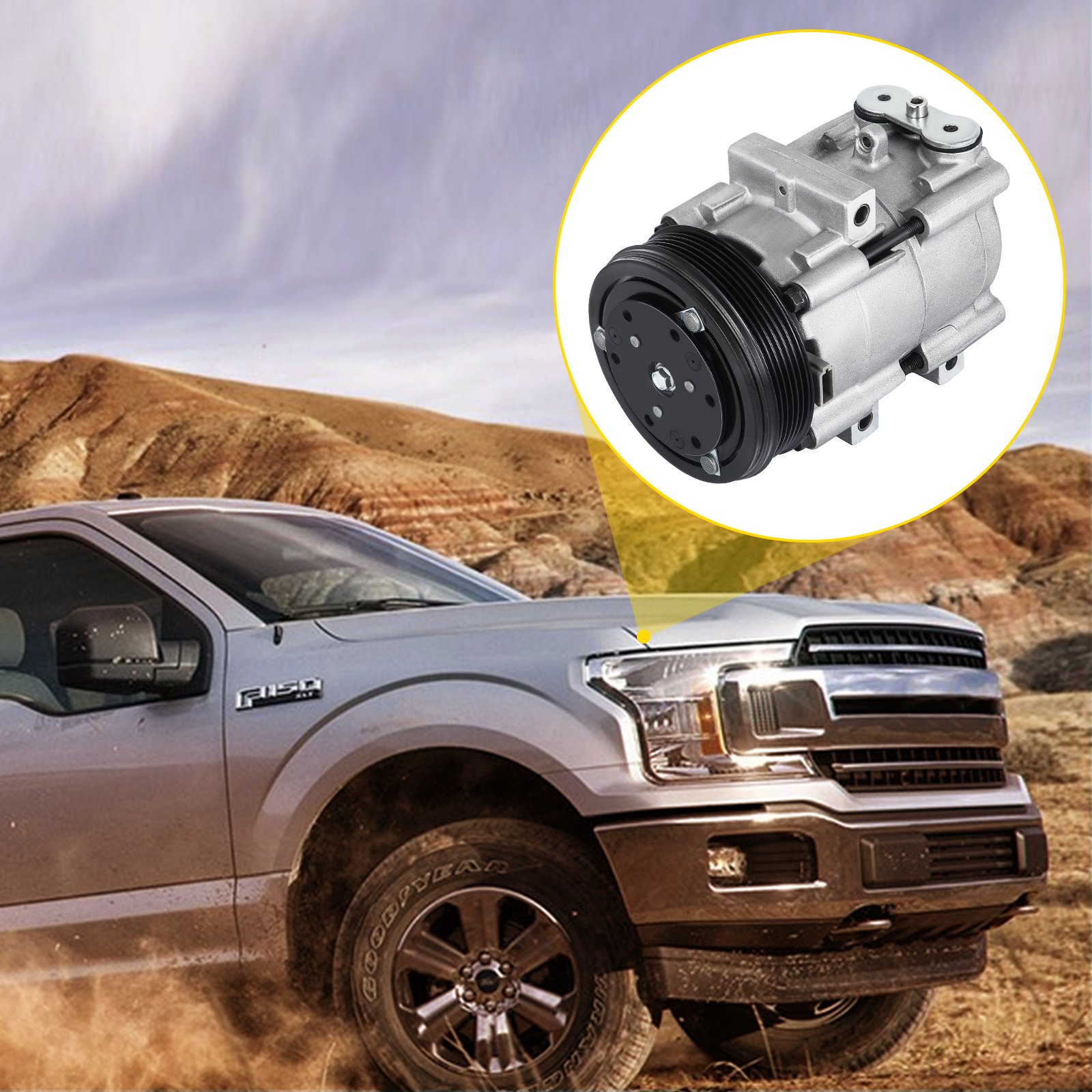 Ford f-150 con compresor de aire acondicionado VEVOR resaltado en terreno desértico.