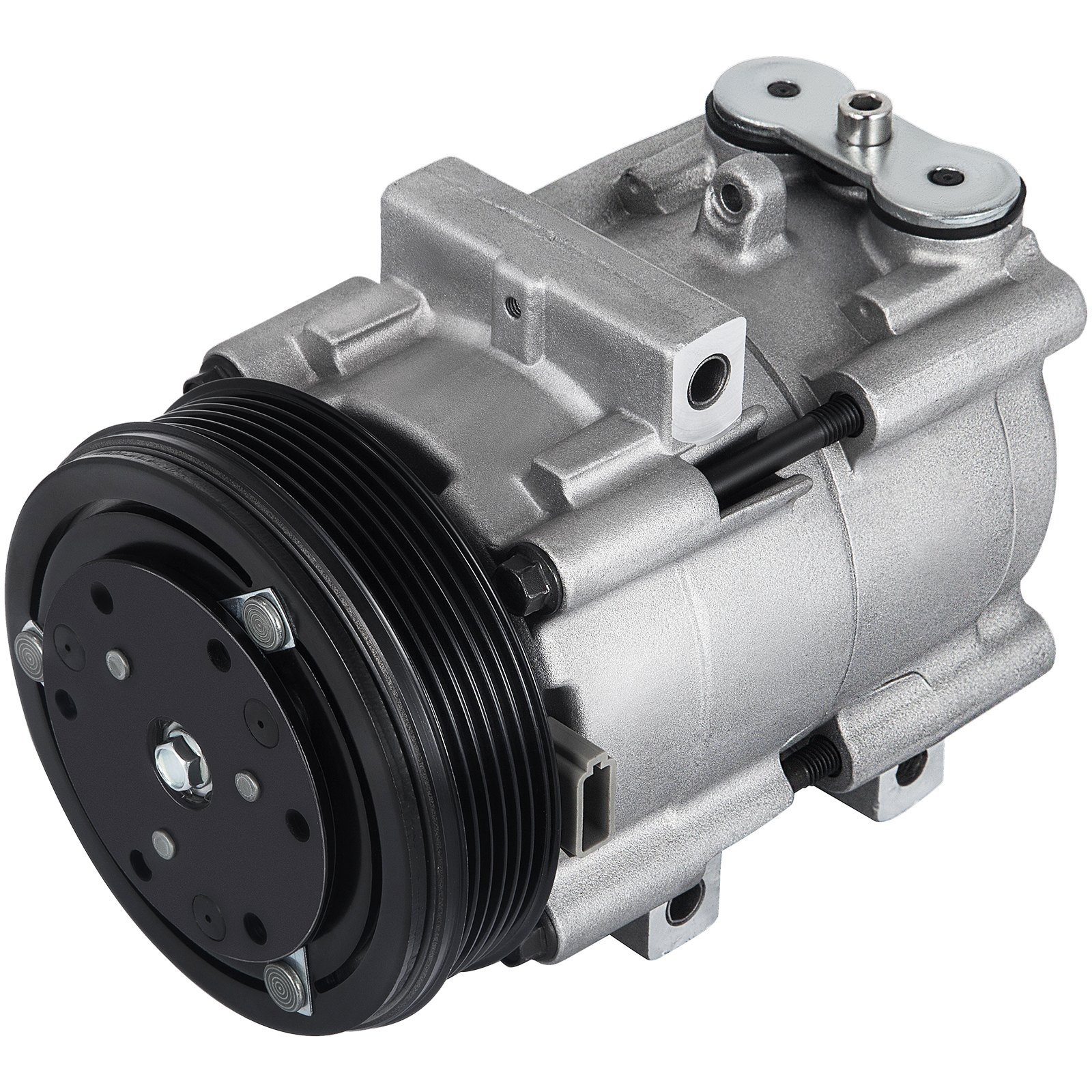 Compresor de aire acondicionado VEVOR para Ford F-150 en color plata con polea negra.