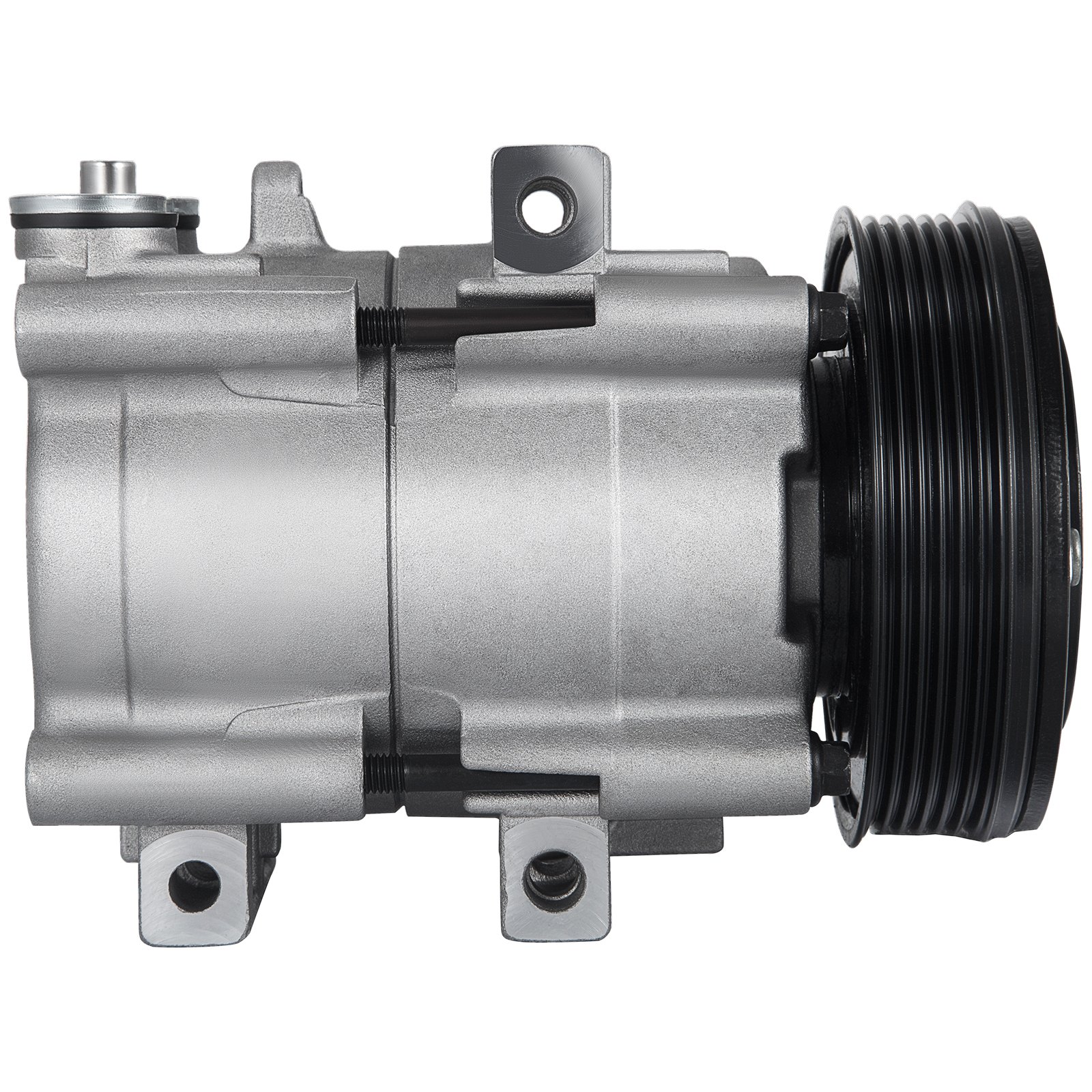 Compresor de aire acondicionado VEVOR para Ford F-150 con polea negra y carcasa plateada.