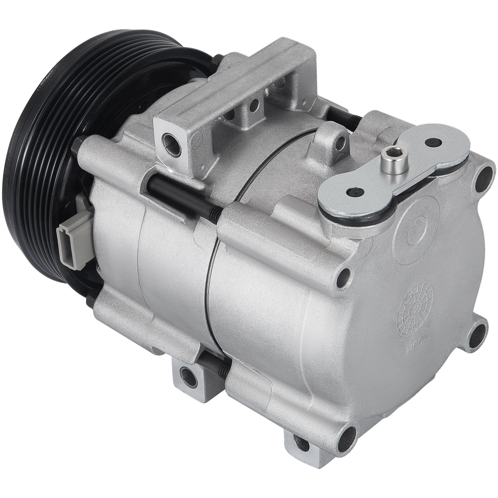 Compresor de aire acondicionado VEVOR para Ford F-150, carrocería plateada con polea negra.
