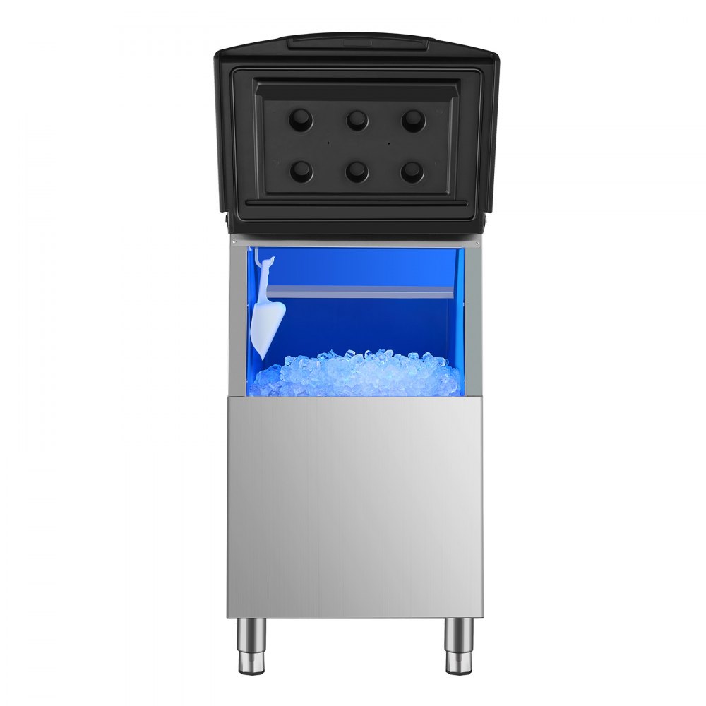 VEVOR - Contenedor de hielo comercial para máquina de hielo, capacidad de 113 kg, de acero inoxidable con filtro y patas de goma antideslizantes ajustables, apto para restaurantes, hoteles y tiendas de bebidas.