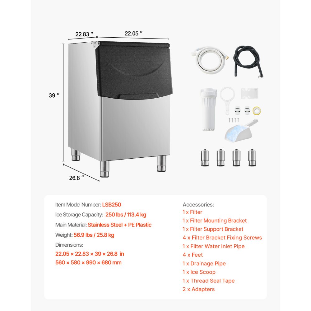 VEVOR - Contenedor de hielo comercial para máquina de hielo, capacidad de 113 kg, de acero inoxidable con filtro y patas de goma antideslizantes ajustables, apto para restaurantes, hoteles y tiendas de bebidas.