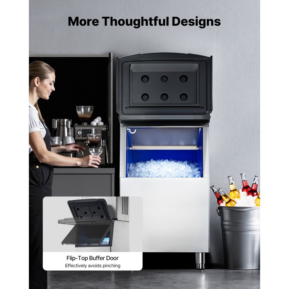 Contenedor de hielo VEVOR con capacidad de 113 kg, de acero inoxidable, con filtro y patas de goma antideslizantes ajustables, ideal para restaurantes, hoteles y tiendas de bebidas.