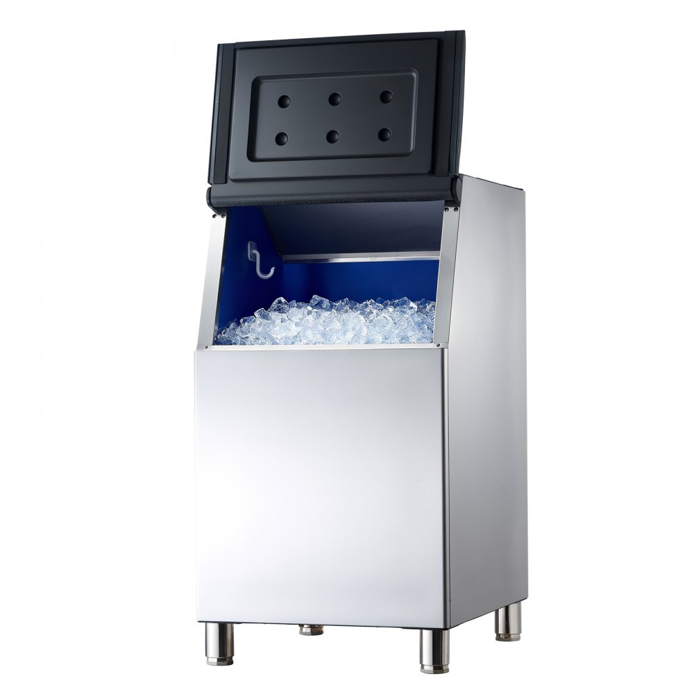 Contenedor de hielo VEVOR con capacidad de 113 kg, de acero inoxidable, con filtro y patas de goma antideslizantes ajustables, ideal para restaurantes, hoteles y tiendas de bebidas.