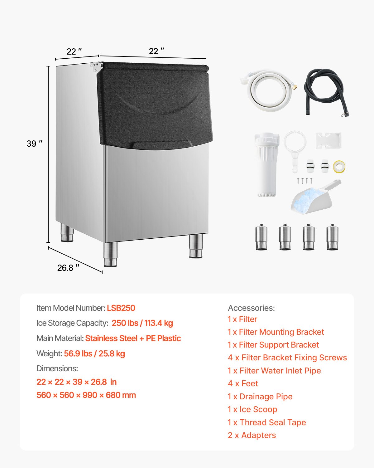 Contenedor de almacenamiento de hielo comercial de acero inoxidable con capacidad de 250 libras