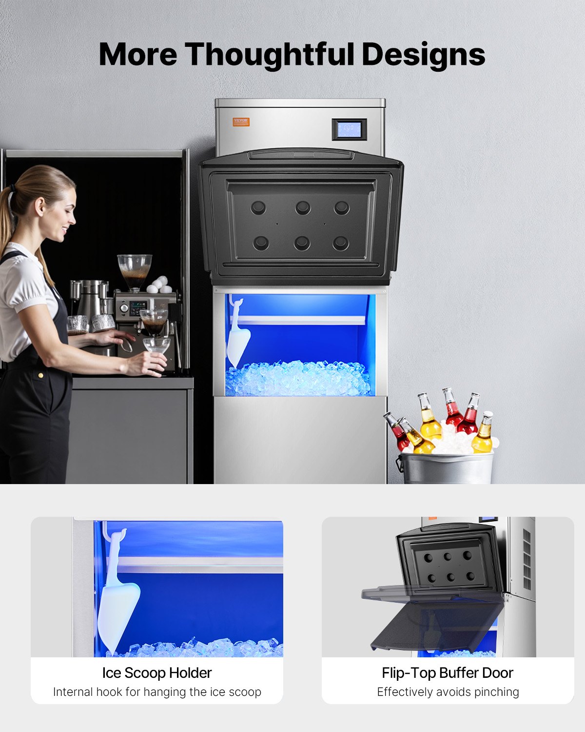 VEVOR - Contenedor de hielo comercial para máquina de hielo, capacidad de 113 kg, de acero inoxidable con filtro y patas de goma antideslizantes ajustables, apto para restaurantes, hoteles y tiendas de bebidas.