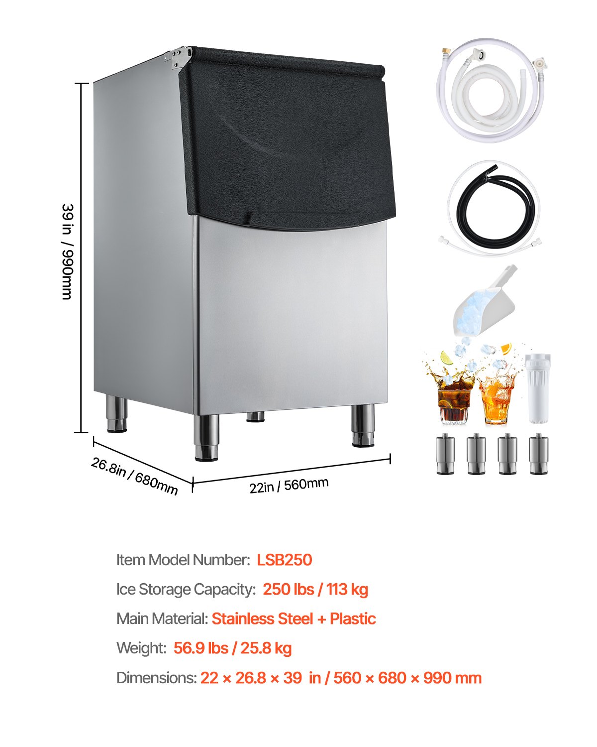 Contenedor de hielo VEVOR con capacidad de 113 kg, de acero inoxidable, con filtro y patas de goma antideslizantes ajustables, ideal para restaurantes, hoteles y tiendas de bebidas.