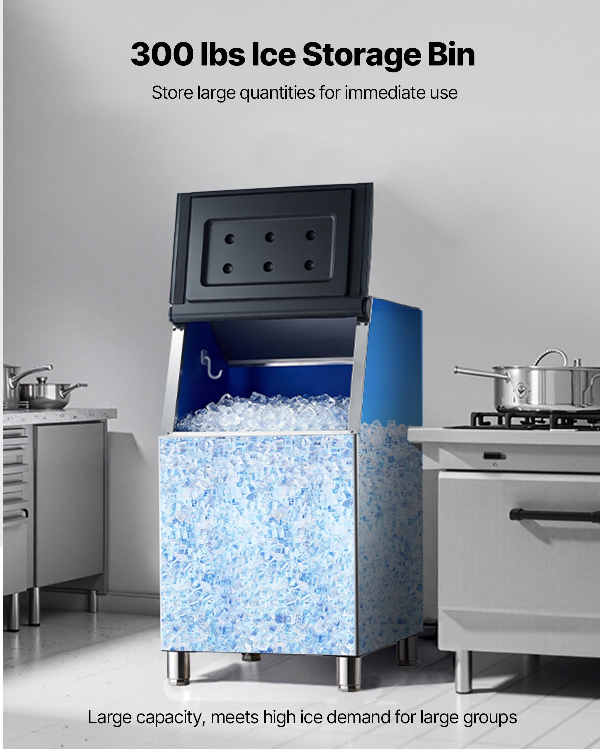 VEVOR - Contenedor de hielo comercial para máquina de hielo, capacidad de 300 lb, de acero inoxidable, con patas de goma antideslizantes ajustables, apto para restaurantes, hoteles y tiendas de bebidas.