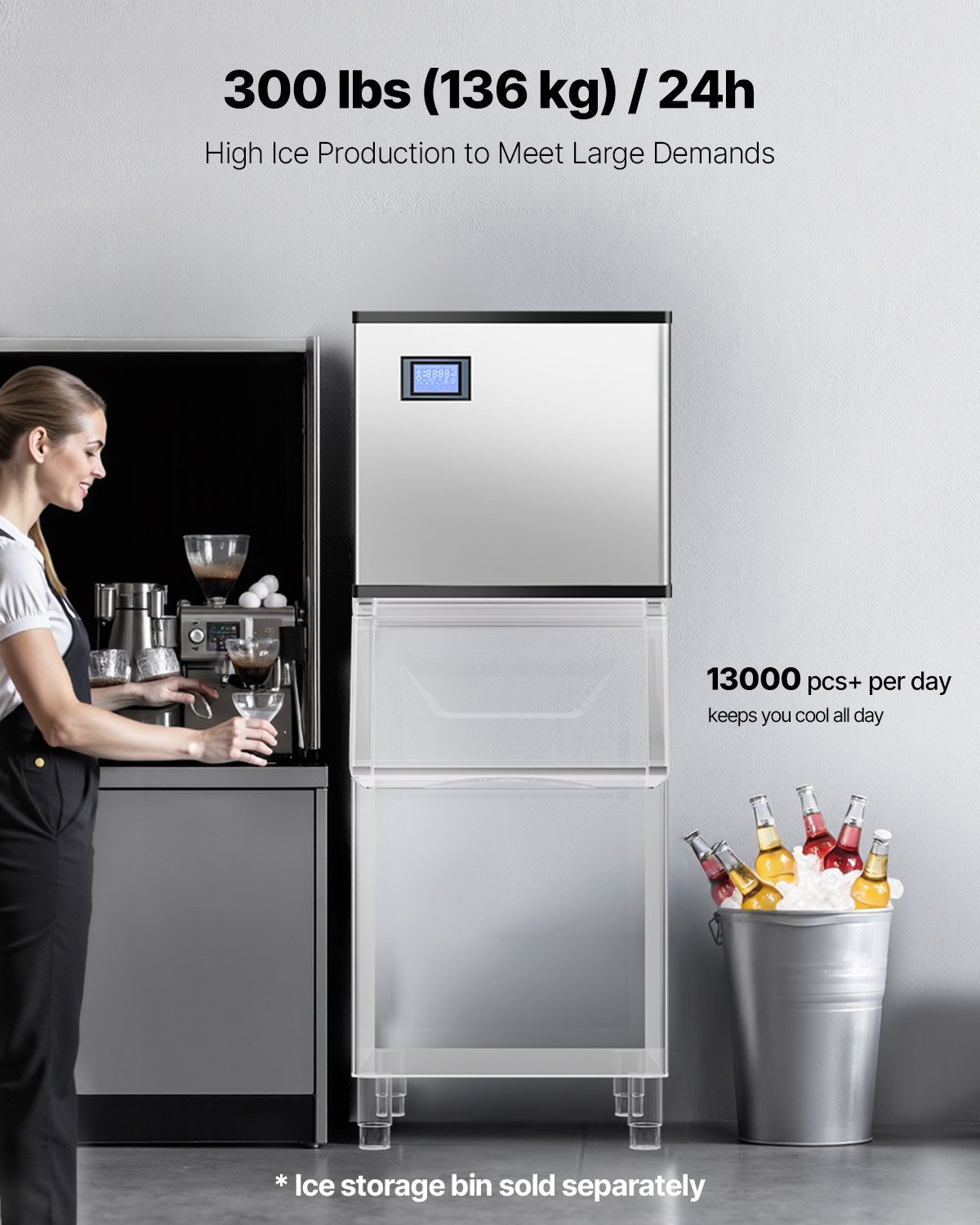 Máquina de hielo comercial VEVOR de 136 kg/24 h, máquina de hielo industrial de acero inoxidable de 50 cm, autolimpiable y programada, máquina modular de cubitos de hielo para restaurantes y hoteles (solo cabezal)