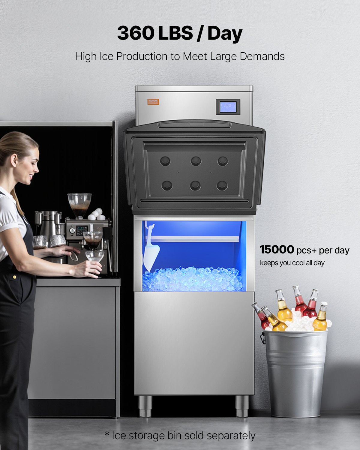 Máquina para fabricar hielo comercial, 360 lb/día, máquina para hacer hielo autolimpiante (solo cabezal)