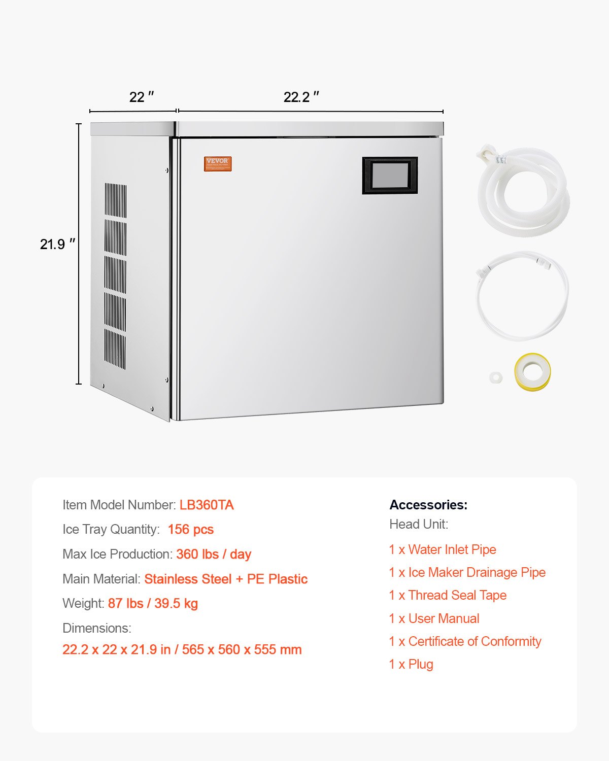 Máquina de hielo comercial VEVOR de 160 kg/día, máquina de hielo industrial de acero inoxidable de 56 cm, autolimpiable y programada, máquina modular de cubitos de hielo para restaurantes y hoteles (solo cabezal)