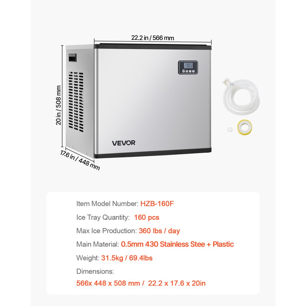 Máquina de hielo comercial VEVOR - Cabezal, 160 kg/día, de acero inoxidable, autolimpiable, producción programada, grosor ajustable, ideal para restaurantes, bares, cafeterías y hoteles (solo cabezal)