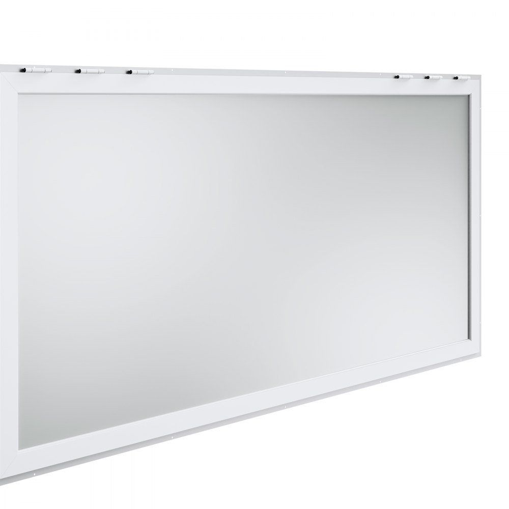 Ventana de concesión VEVOR con marco blanco y bisagras, que muestra un diseño limpio y moderno.