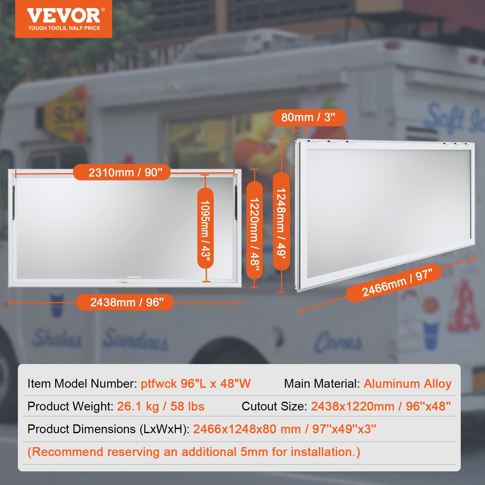 Especificaciones de la ventana de concesión VEVOR: aleación de aluminio, 96&quot; x 48&quot;, tamaño de recorte 2438 x 1220 mm, pesa 26,1 kg.