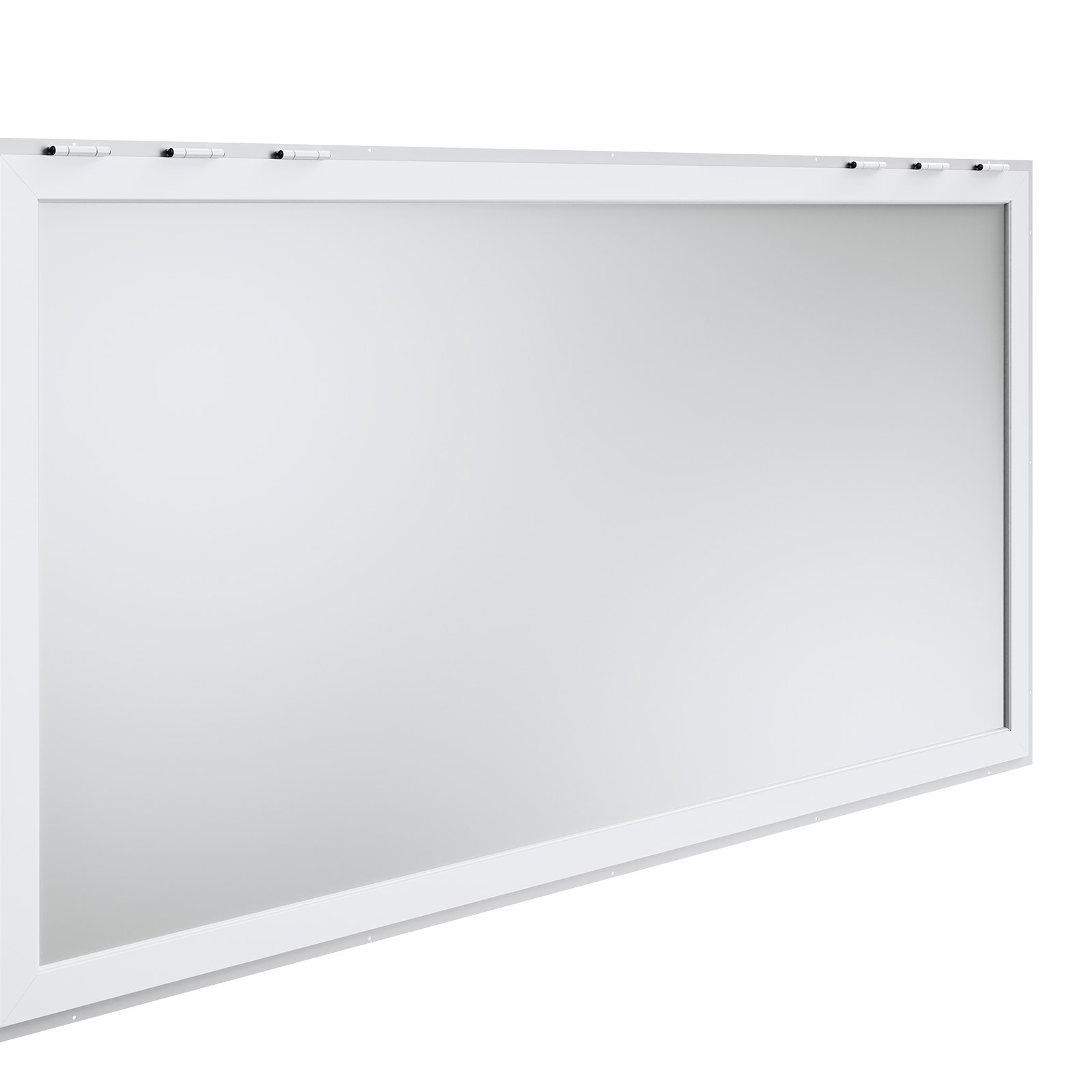 Ventana de concesión VEVOR con marco blanco y bisagras, que muestra un diseño limpio y moderno.