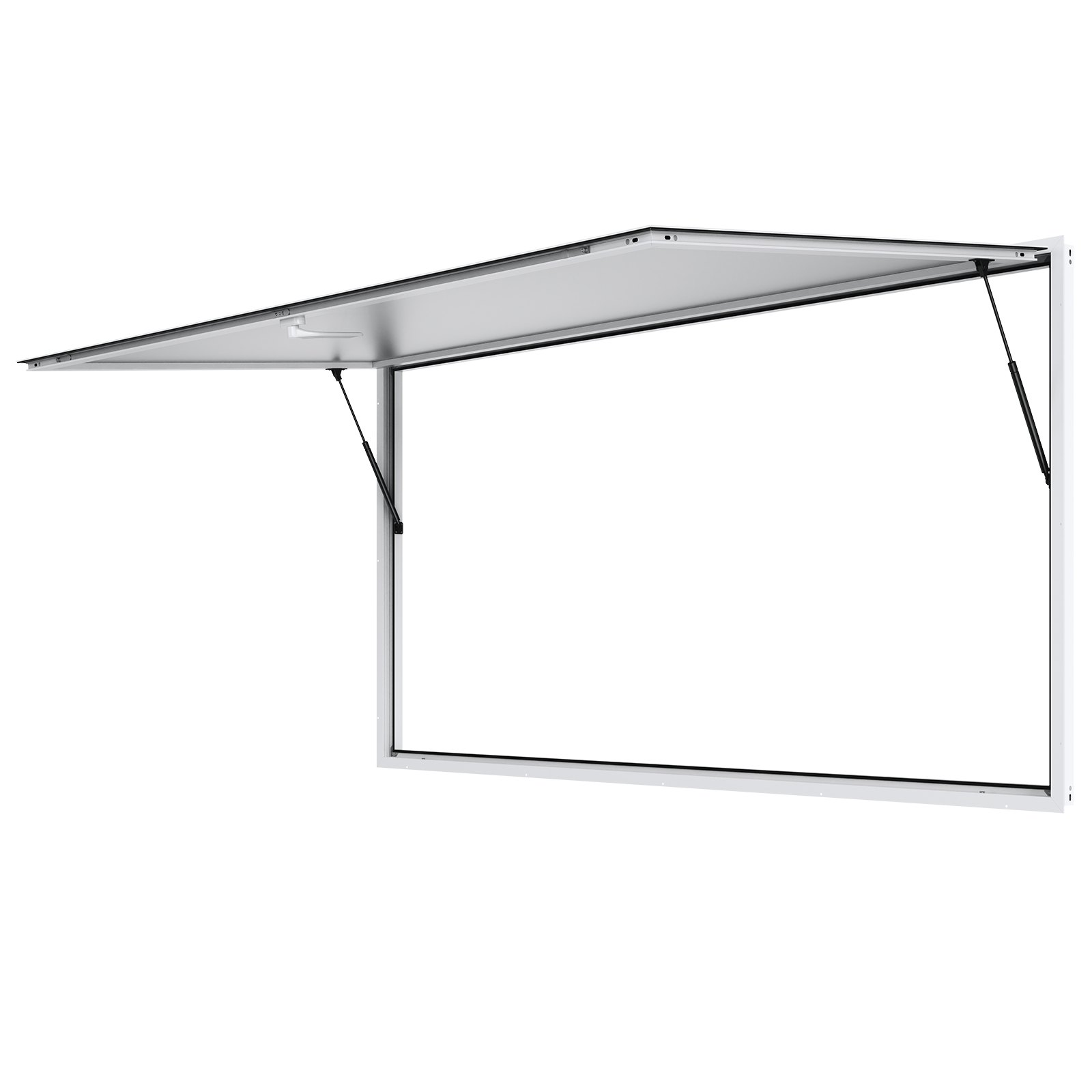 Ventana de concesión VEVOR con toldo abierto y brazos de soporte resistentes, con un elegante marco blanco.