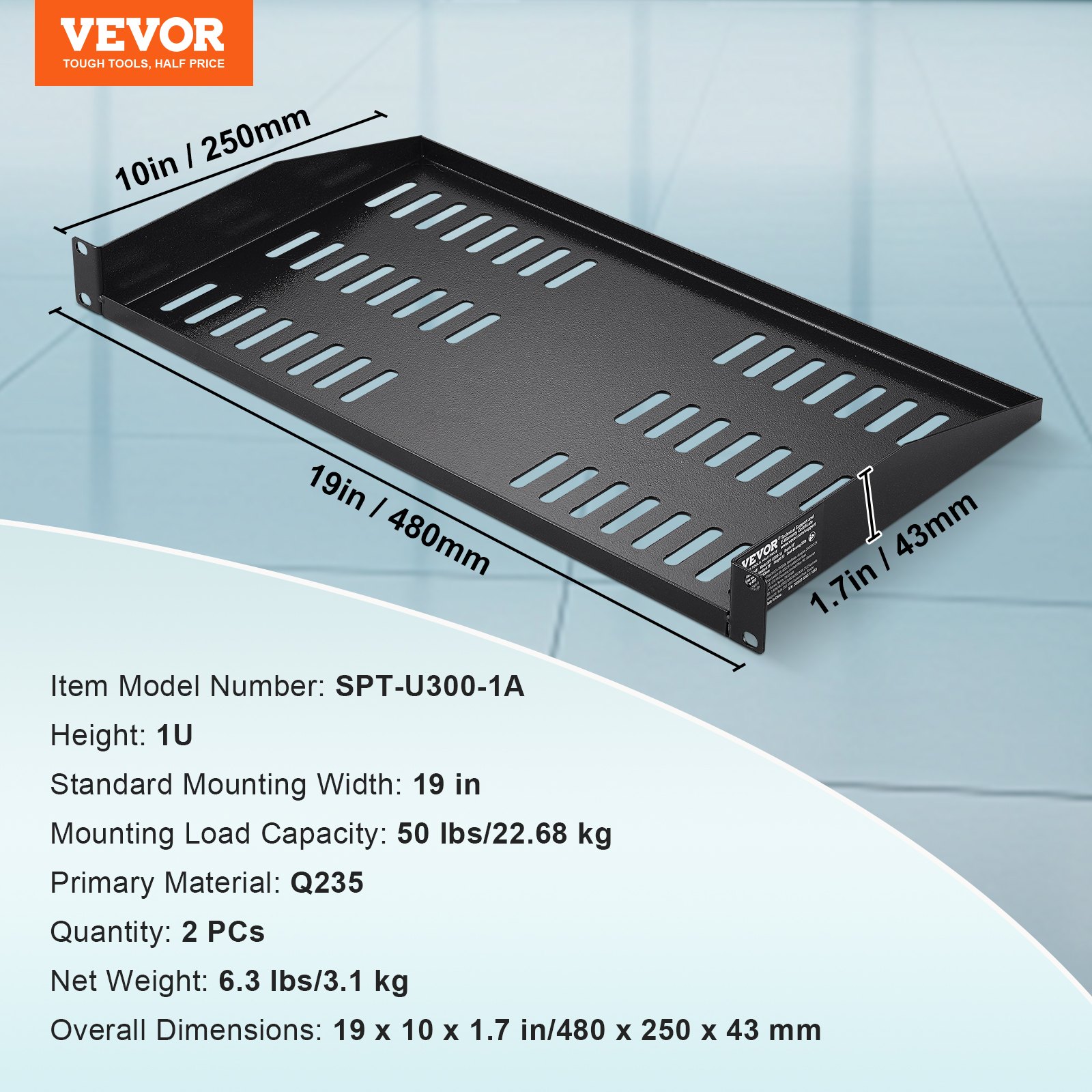 VEVOR - Estante para rack de servidor 1U (2 unidades, 10"/254 mm de profundidad, capacidad de carga máxima de 22,7 kg), con ventilación en voladizo o para montaje en pared, con bandeja, buena circulación de aire para gabinetes de red o racks de equipos de 48,26 cm.