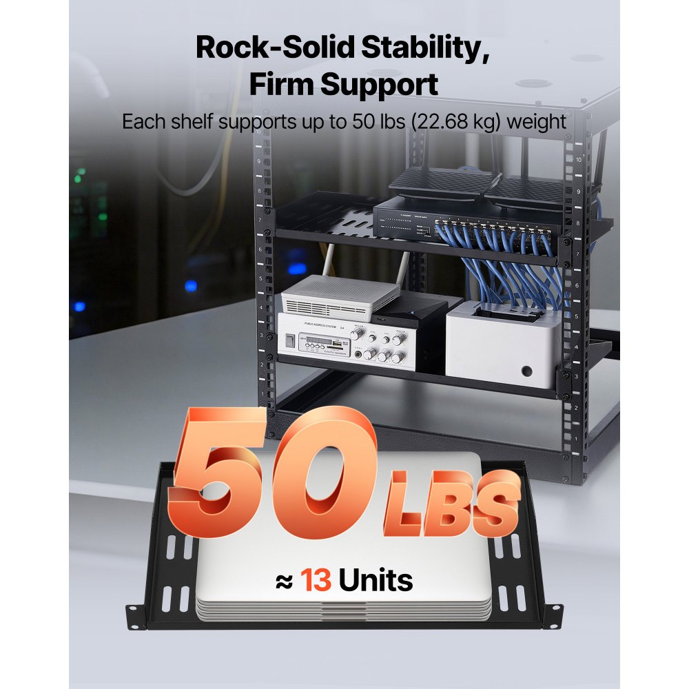 VEVOR 1U Server Rack Shelf, 4 PCS, 50 lbs Max Load-Bearing Vented Cantilever, Wall Mount or Rack Mount Shelf with Tray, 10 in Depth, Good Air Circulation for 19 Inch Cabinet Computer Network Equipment